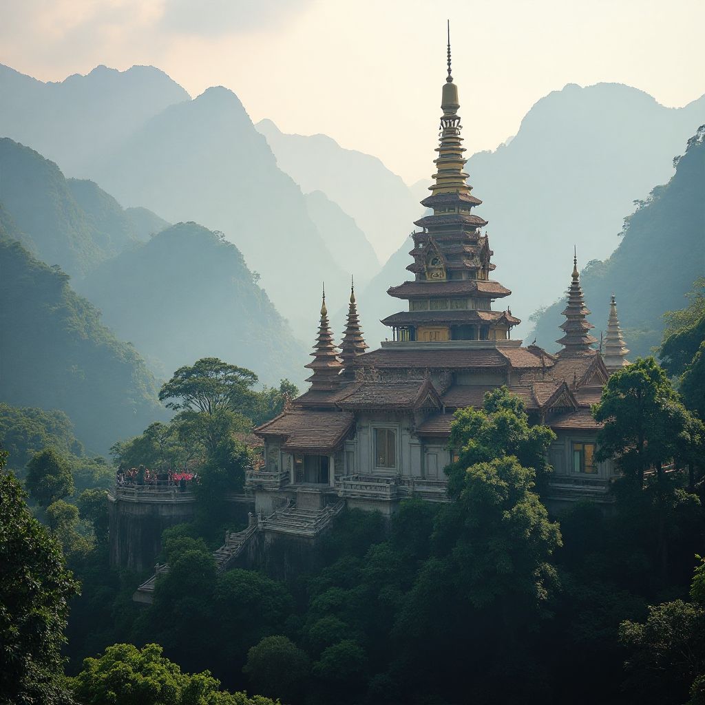 Asian temple surrounded by lush nature