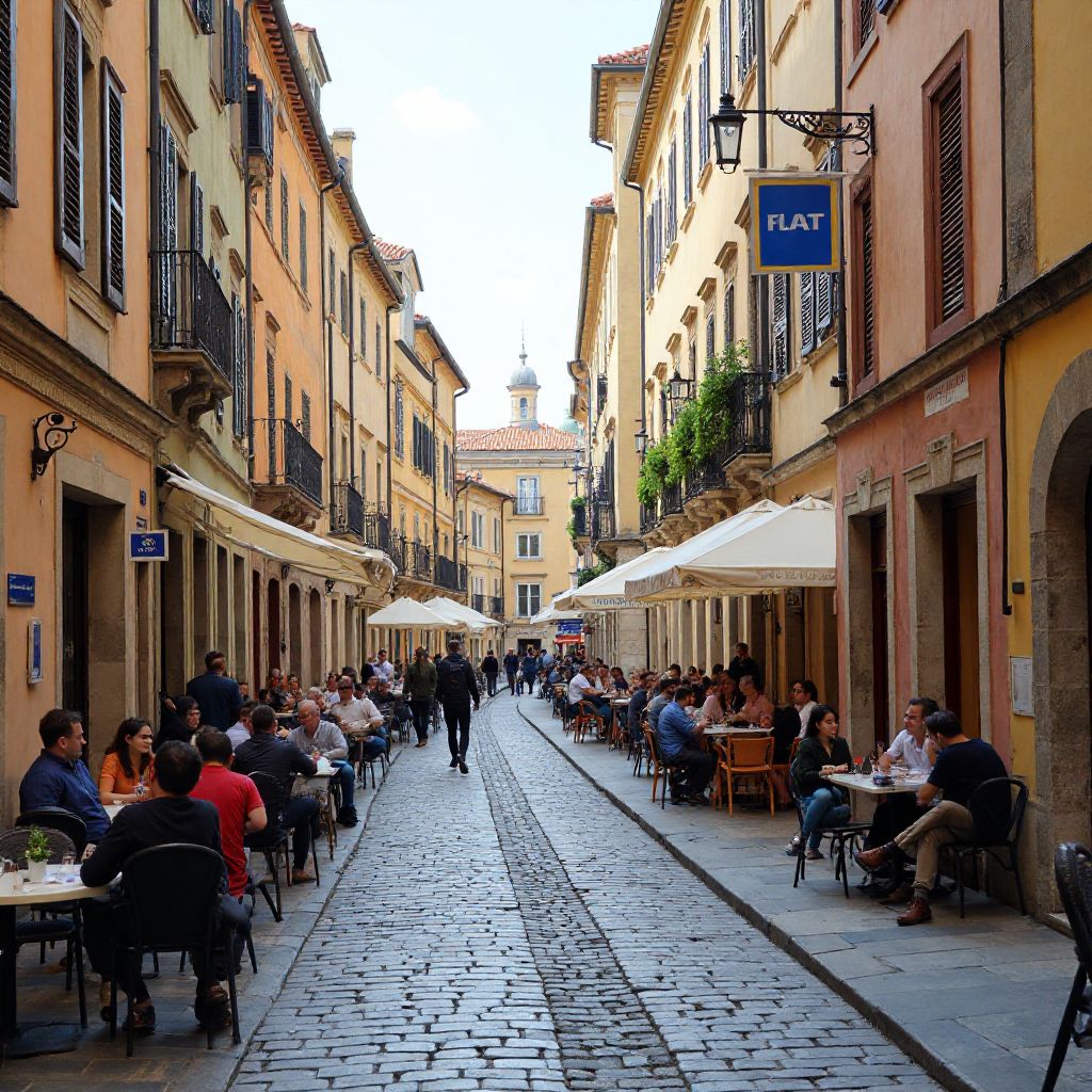 Vibrant city street scene with cafes and culture