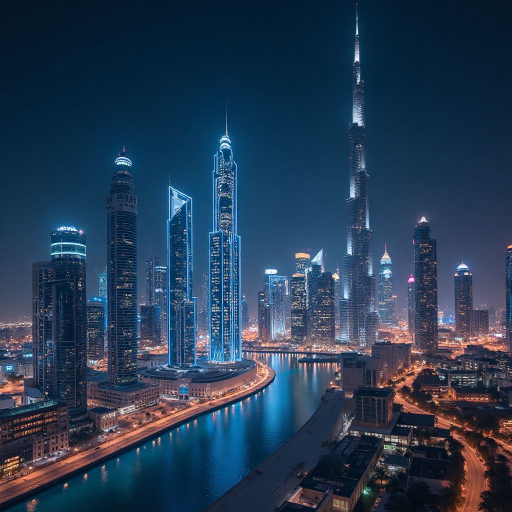 Modern Dubai skyline at night