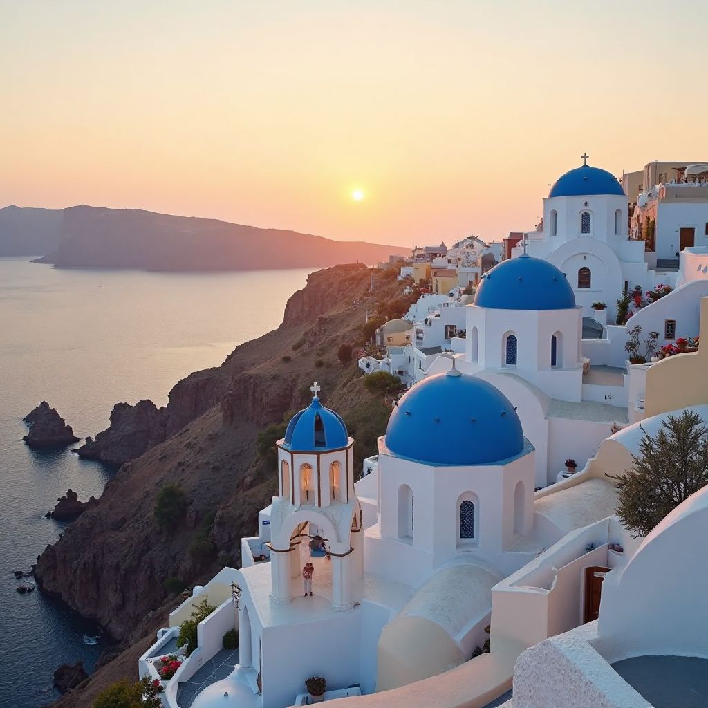 Santorini white buildings and blue domes