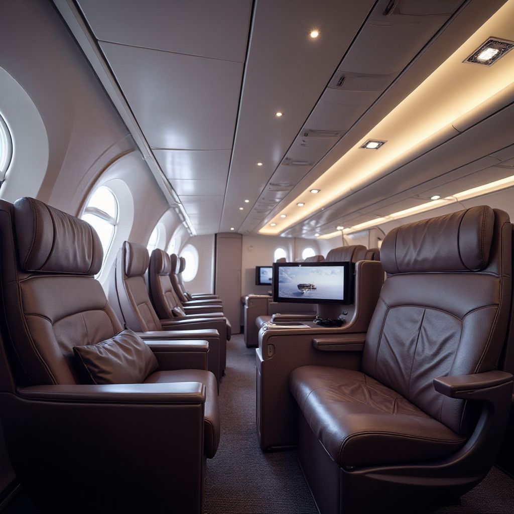 Luxury airplane interior with comfortable seating