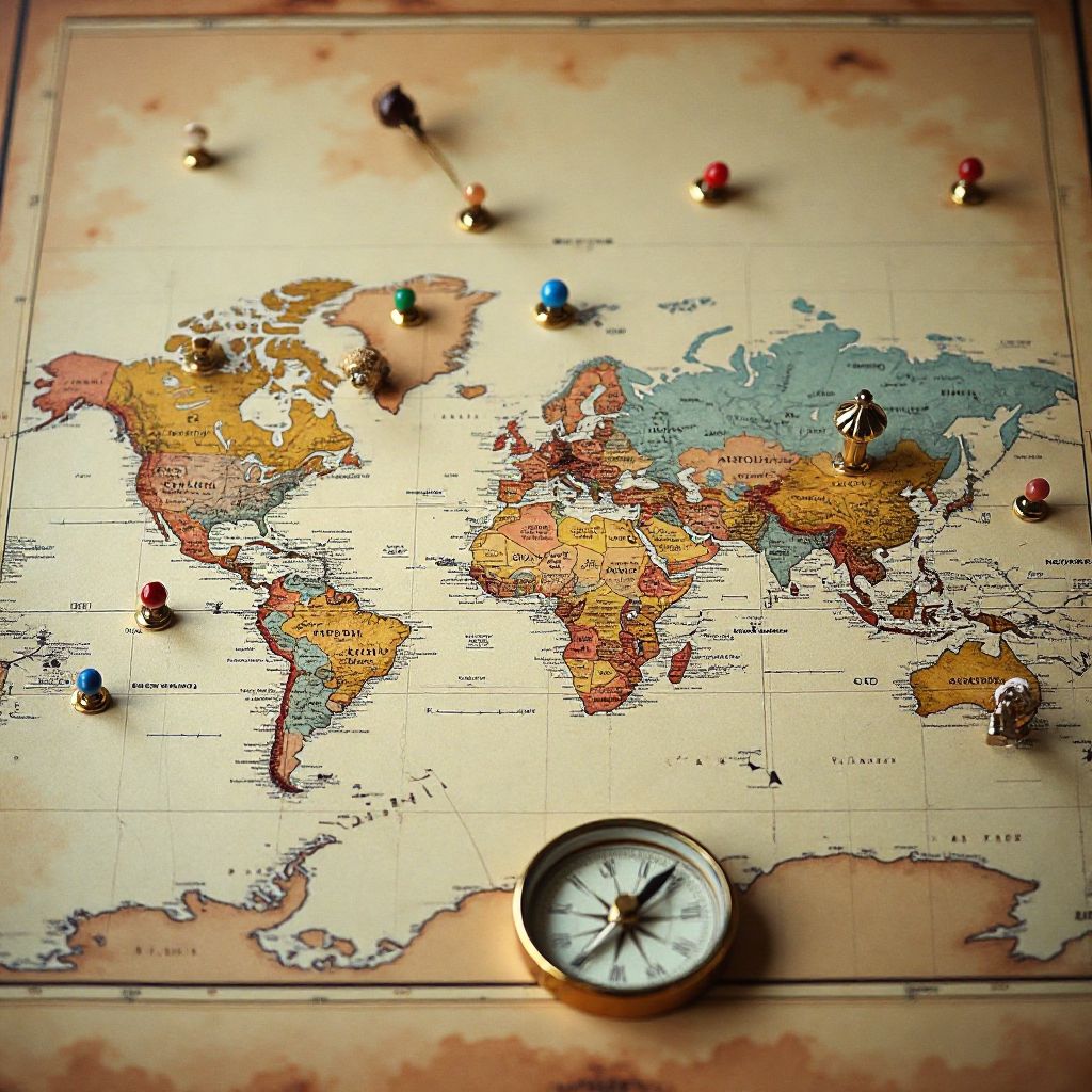 World map with travel pins and planning materials